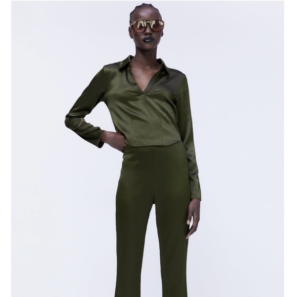 Zara satin effect polo top green - Picture 2 of 10